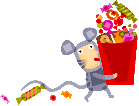 halloween trick or treat mouse animated with big bucket of candy