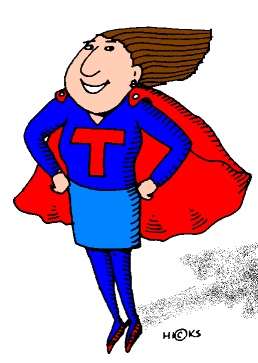 teacher in red cape with T on shirt illustrated clip art august 19